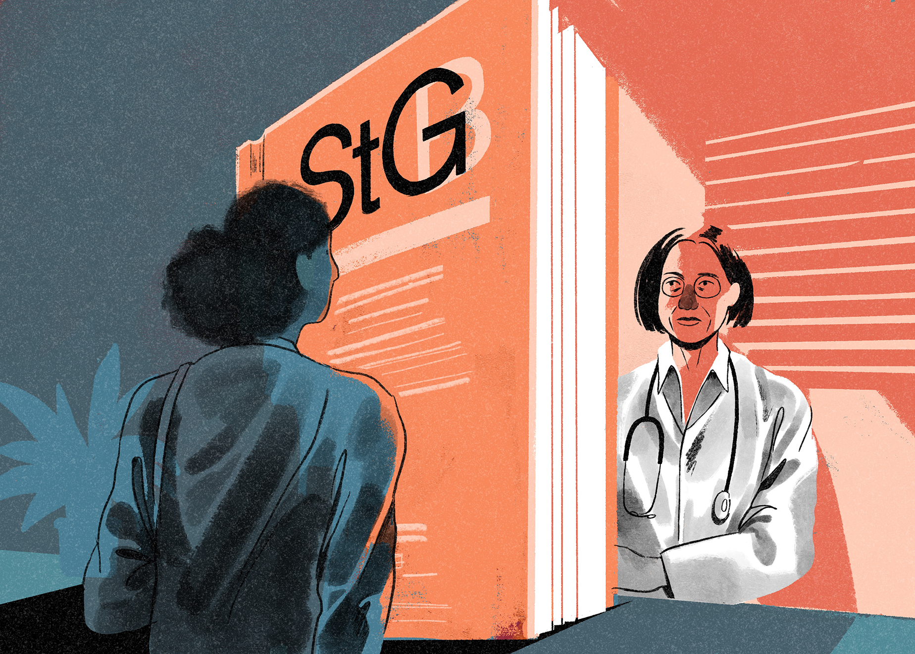 Illustration zwei Personen. Zwischen ihnen steht ein übergroßes StG
