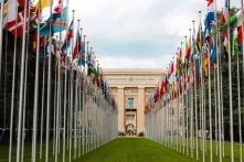 UN building with flags