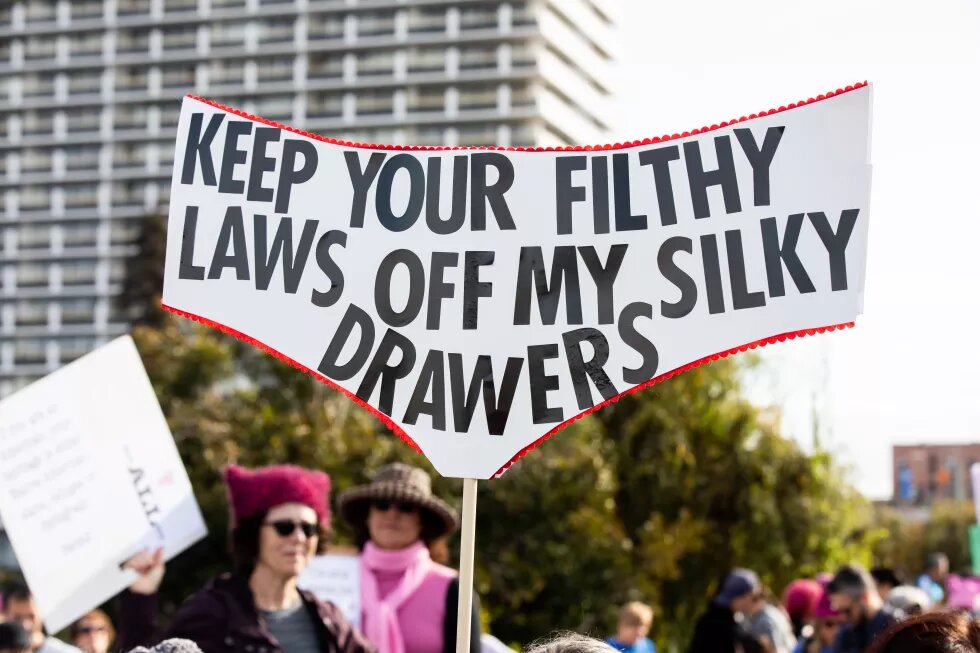 Women's March Oakland 2019, sign with caption  "Keep your filthy laws off my silky drawers"