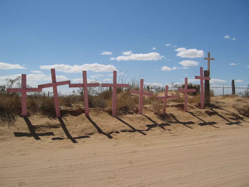 Pink crosses were installed near the City of Juarez, Mexico to comemorate Feminicide