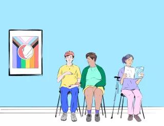 Schwangere Menschen im Wartezimmer Illustration eines Warteraums mit einer progress pride flag eingerahmt an der Wand