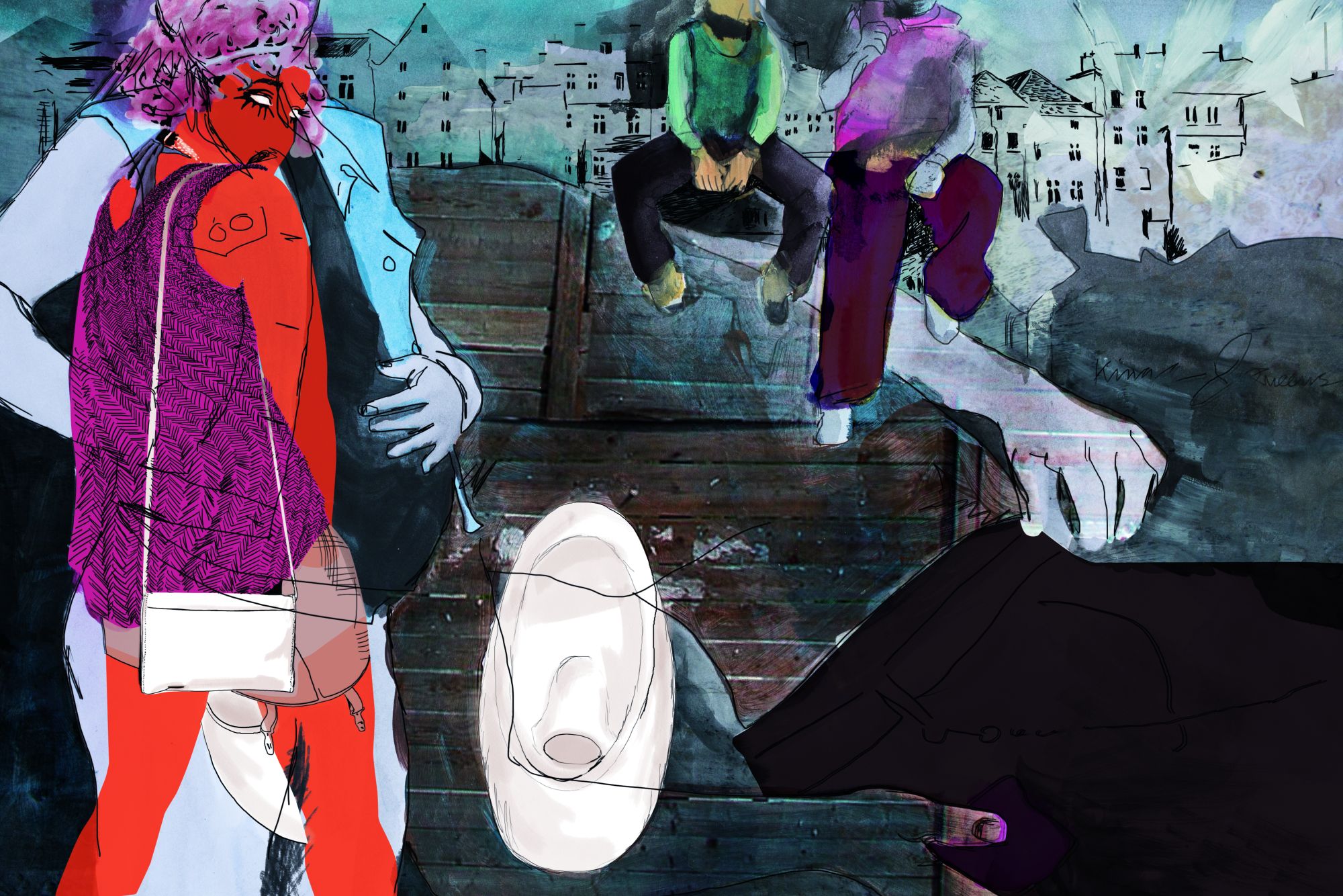 Oppertunities Berlin Collage mit Häusern im Hintergrund, Personen und einem Pissoir im Vordergrund